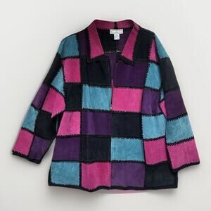 90s Y2K Patchwork Leather Jacket Women’s 2X Colorblock Boho Artsy Statement Coat